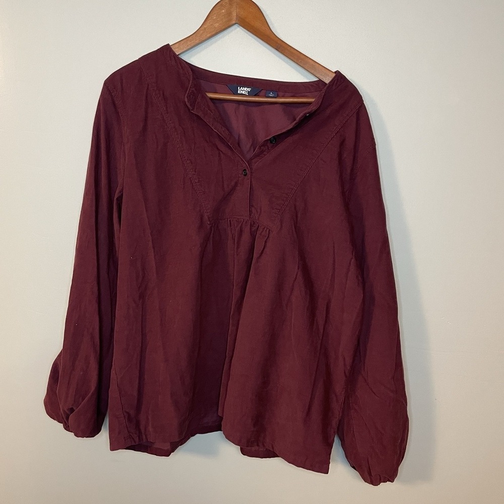 Lands End Womens Burgundy Corduroy Smocked Top Size L Cottagecore Boho